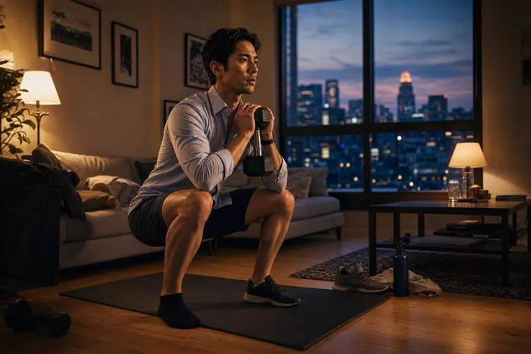 Goblet squat with a dumbbell in a living room in the evening