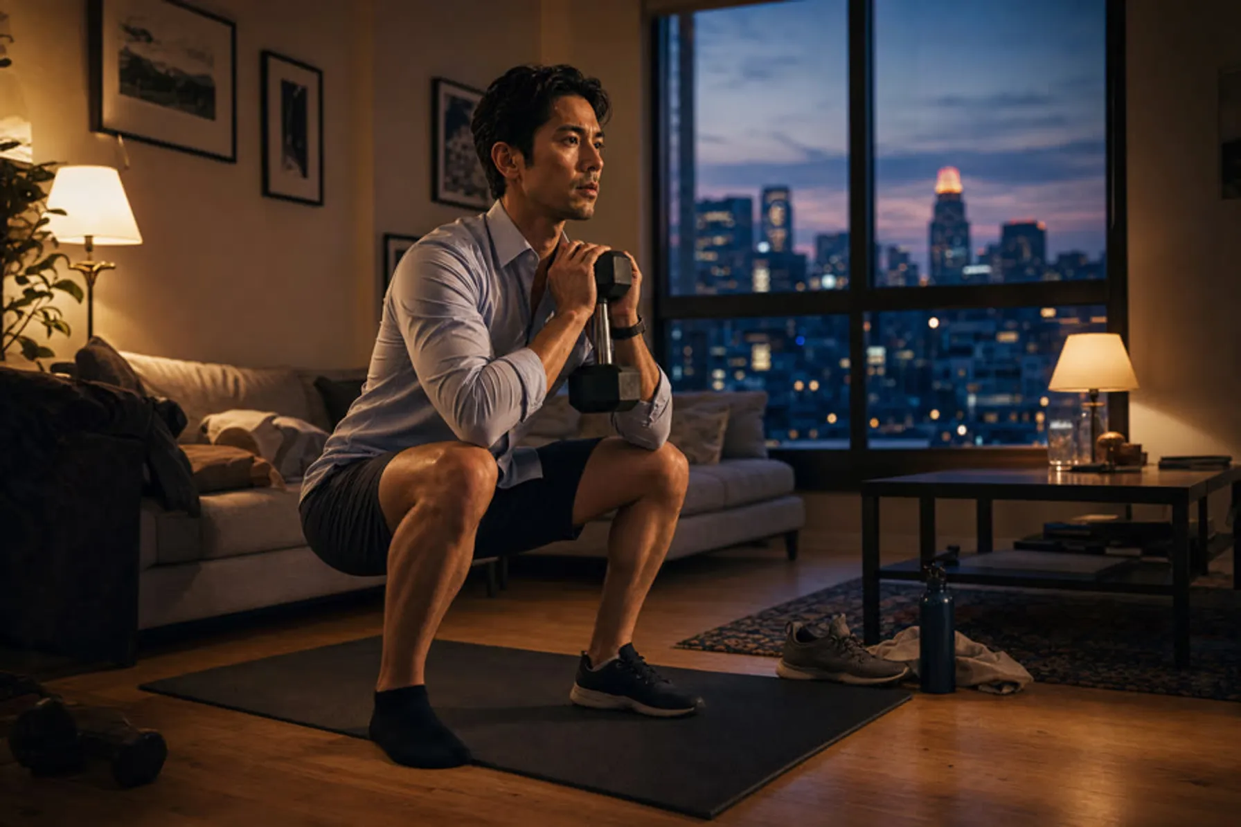 Goblet squat with a dumbbell in a living room in the evening