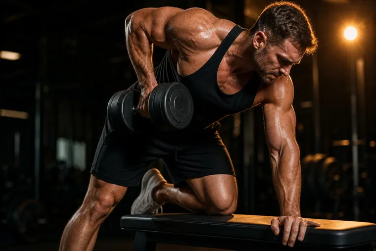 Athlete performing a heavy one-arm dumbbell row in a dark gym