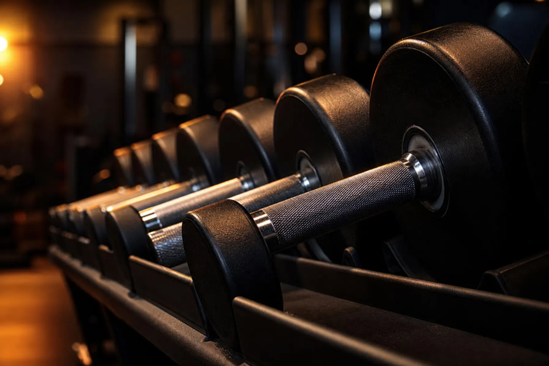 Row of dumbbells increasing in size in a dark gym